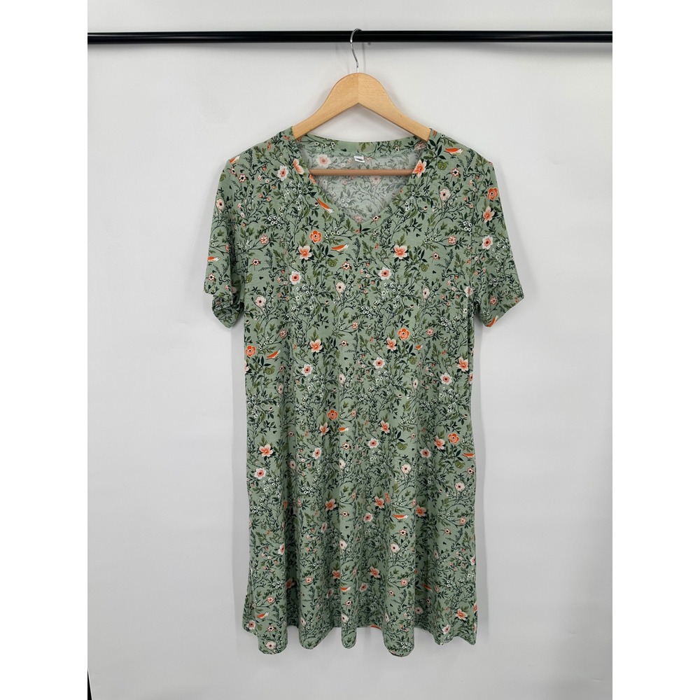 Your Style Womens Sage Green Floral Bird Print V-Neck T-Shirt Dress XL